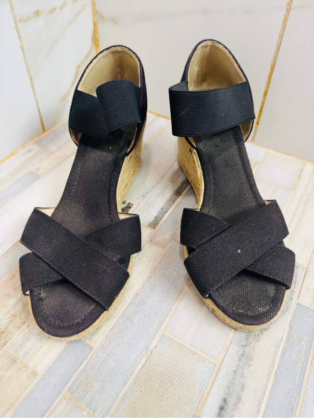Nine West Black Espadrille Wedge Sandals with Elastic Ankle Strap 7M - Picture 5 of 8
